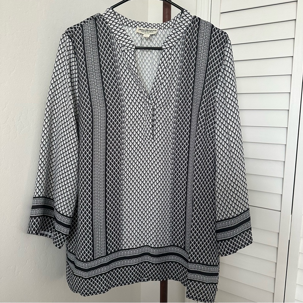 Norm Thompson Split Neck Blouse/Tunic, Size L, Black & White, 3/4 Sleeve
